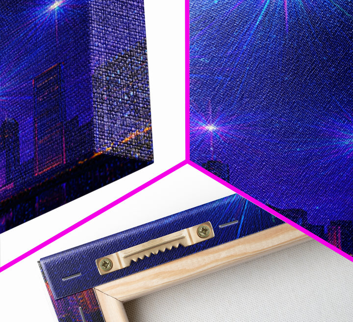 Blue Purple Starburst Night Skyline Wall Art, Modern Abstract Art, City Lights Poster, Space Digital Art, Home Office Decor