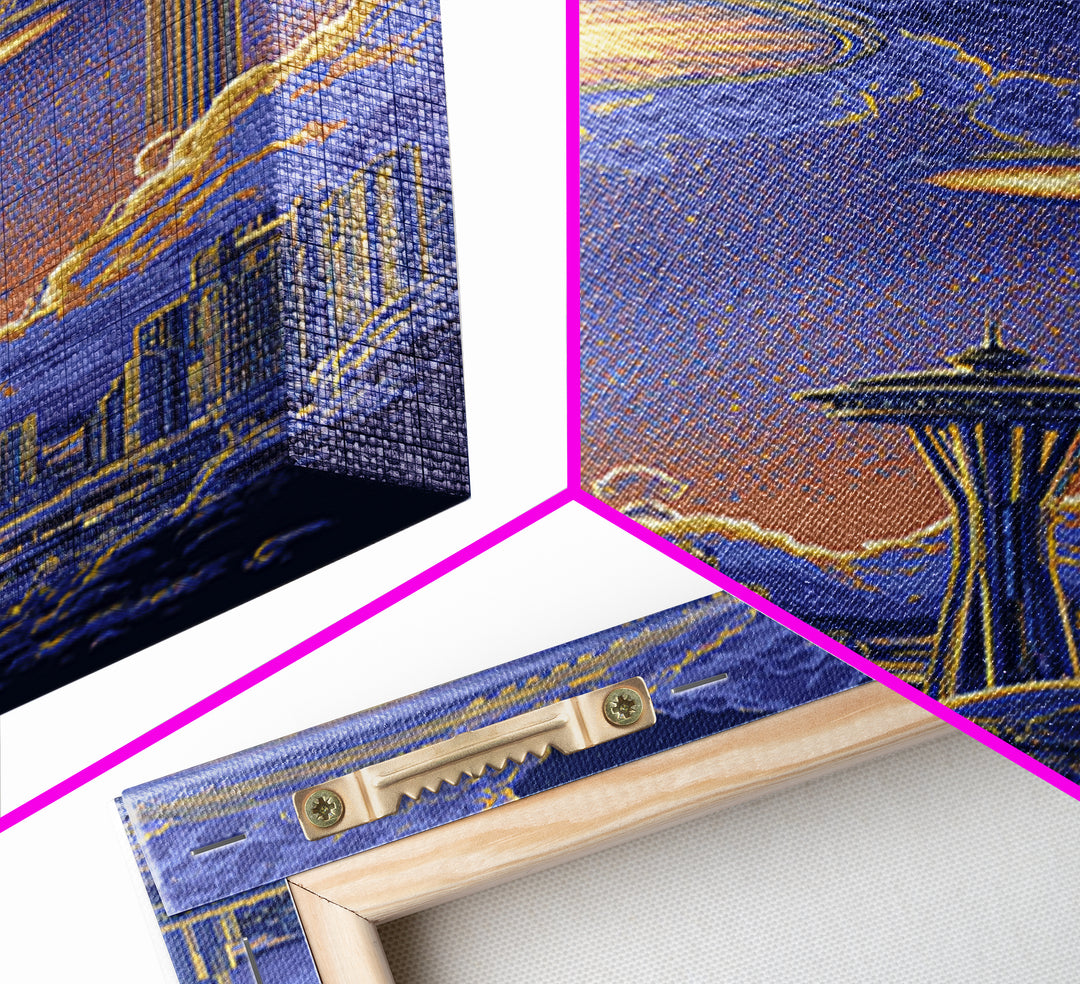 Floating Saucer Towers Above Skyline Framed Canvas Print, Retro Sci Fi Wall Art, Futuristic City Decor, Space Age Poster Print