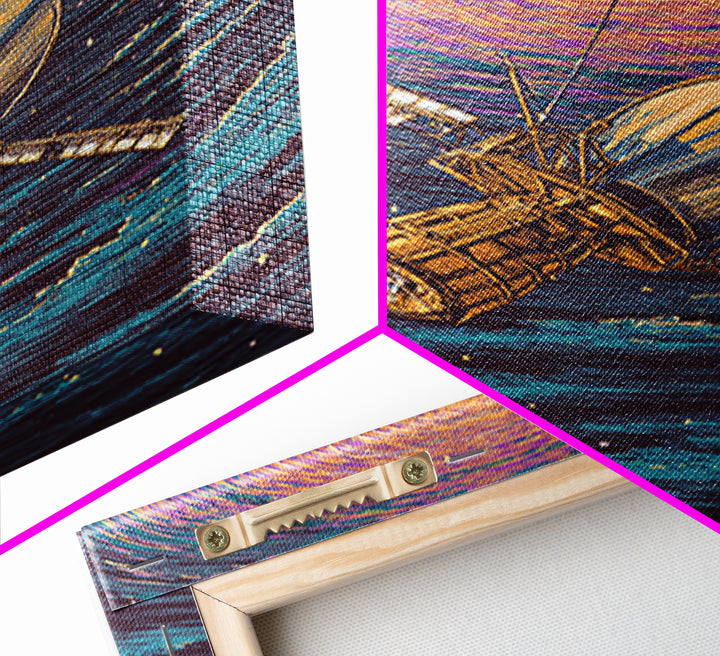 Golden Satellite In Starry Vortex Framed Canvas Print, Space Abstract Wall Art, Modern Sci Fi Poster, Cosmic Retro Decor