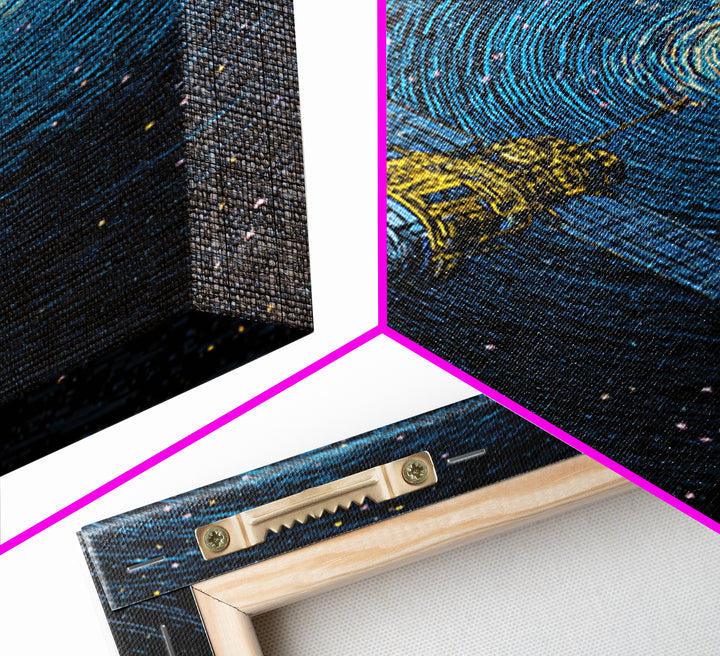 Blue Satellite Drifting Through Star Vortex Canvas Print, Modern Space Wall Art, Sci Fi Poster, Astronomy Office Decor Gift