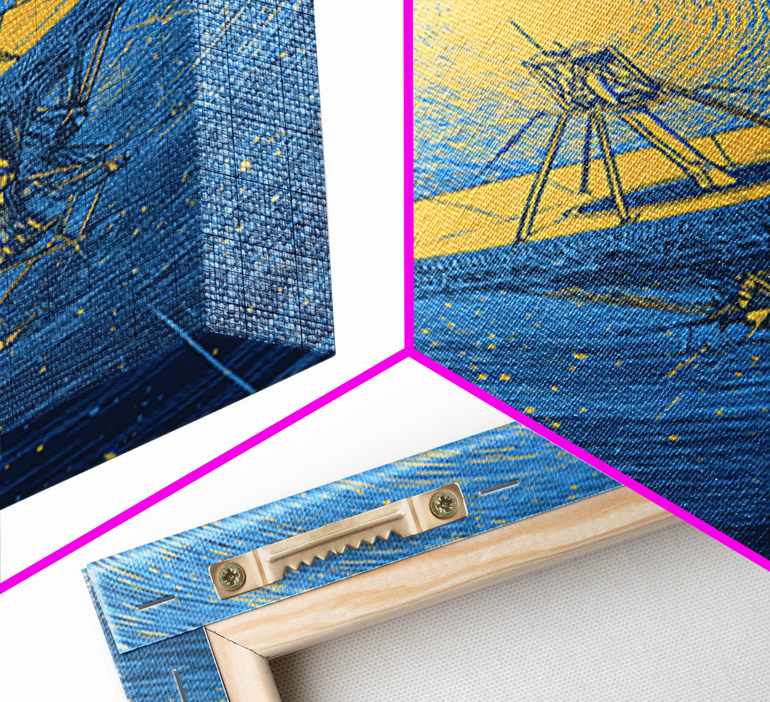 Radio Telescope Beneath Swirling Sun Canvas Print, Modern Space Wall Art, Astronomy Poster, Blue Midcentury Decor Gift Idea