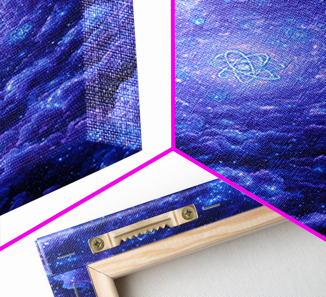 Purple Cosmic Clouds With Atom Symbols Wall Art, Retro Sci Fi Space Poster, Modern Abstract Art, Blue Art Print, Dorm Decor