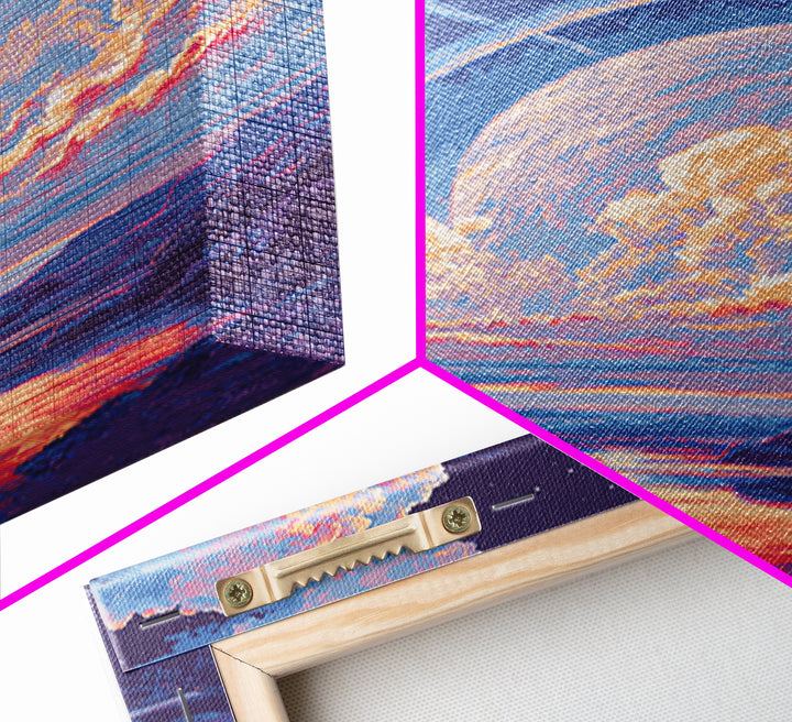 Pastel Planet Lake Under Ringed Sky Framed Canvas Print, Sci Fi Landscape Wall Art, Modern Digital Art, Dreamy Room Decor