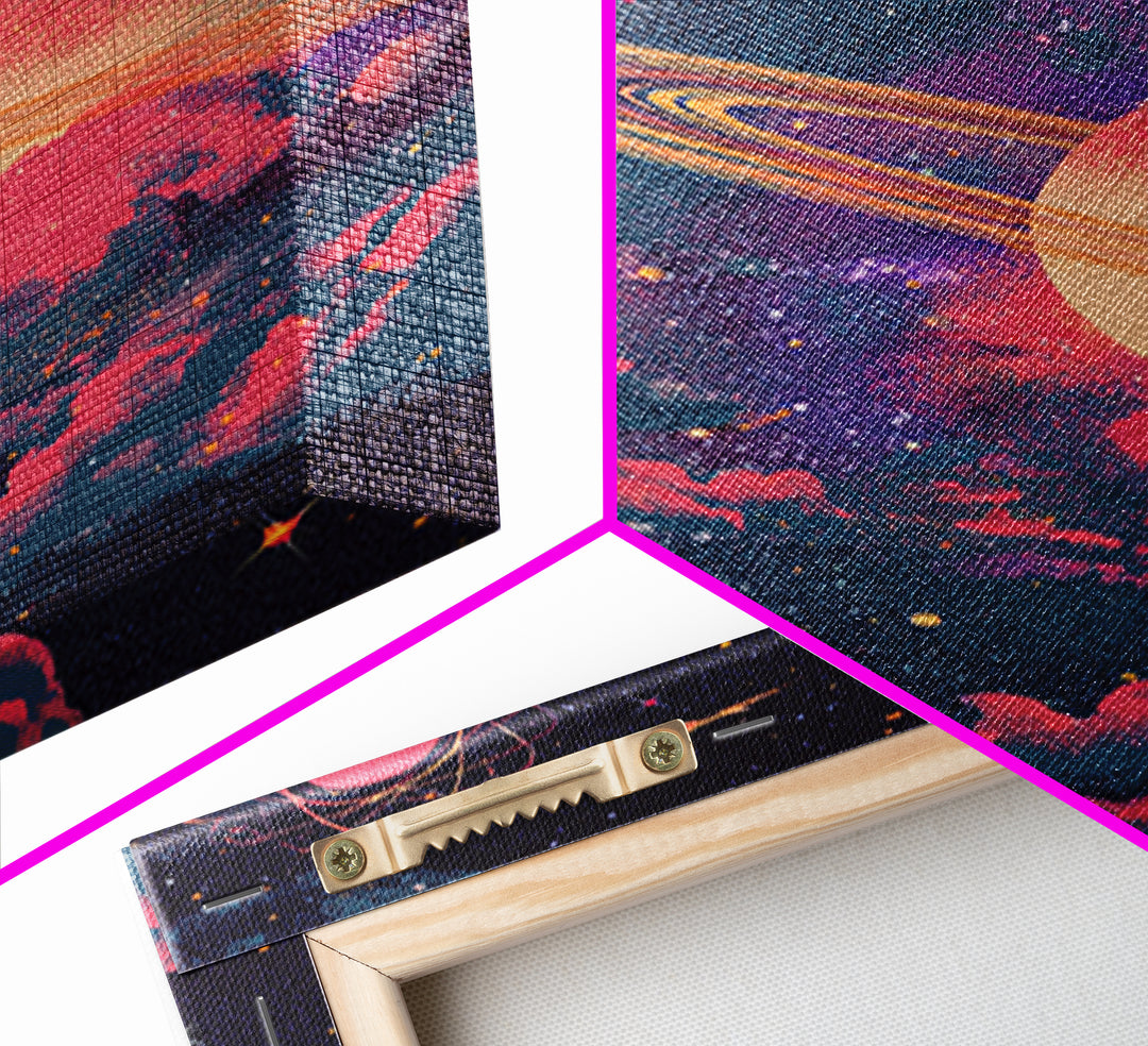 Neon Saturn Planets Above Pink Clouds Framed Canvas Print, Retro Space Poster, Modern Wall Art, Cosmic Home Decor, 70s Art Print