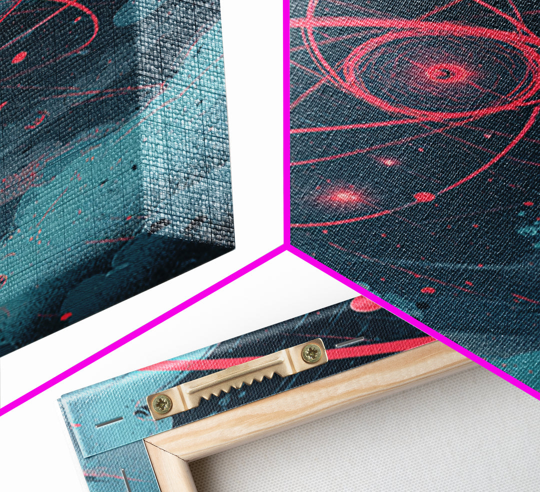 Neon Pink Atom Orbit In Teal Space Canvas Print, Atomic Retro Poster, Modern Abstract Art, Geometric Wall Decor, Mcm Artwork