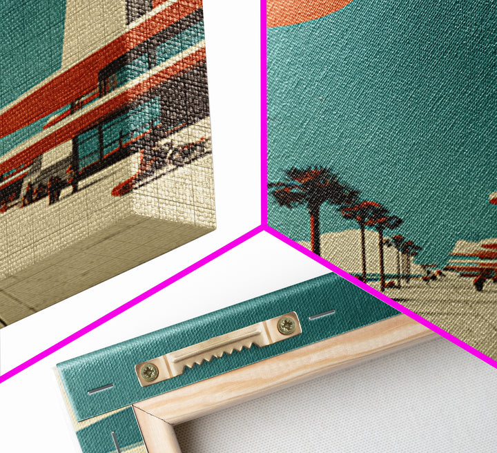 Midcentury Seaside Promenade With Orange Sun Framed Canvas Print, Palm Springs Art, Retro Travel Poster, Modern Wall Decor