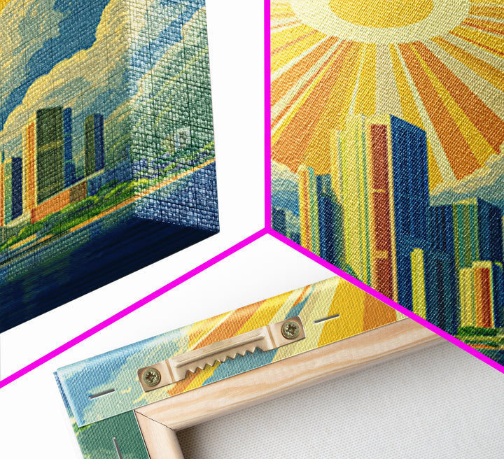 Radiant Futuristic City Sunrise Wall Art, Midcentury Modern Art Print, Retro Skyline Poster, MCM Wall Decor, Living Room Decor