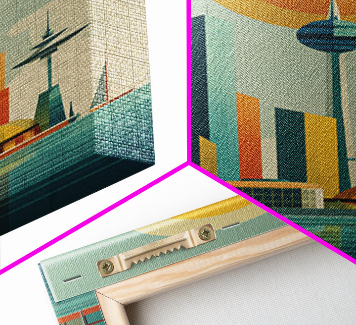 Retro Futuristic Skyline With Orb Sun Canvas Print, Midcentury Modern Wall Art, Atomic City Poster, MCM Decor, Office Wall Decor