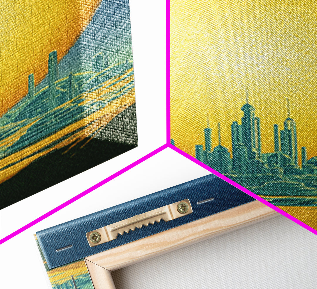 Golden Sun Futuristic Desert Skyline Canvas Print, Midcentury Modern Wall Art, Retro Sci Fi Poster, Modern Living Room Decor