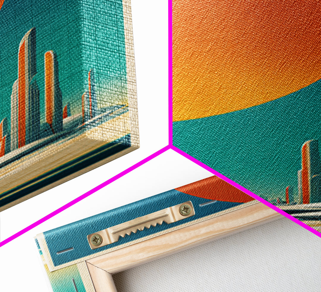 Minimalist Future Towers With Giant Sun Wall Art, Midcentury Modern Art Print, Retro Sci Fi Poster, Abstract Desert Decor