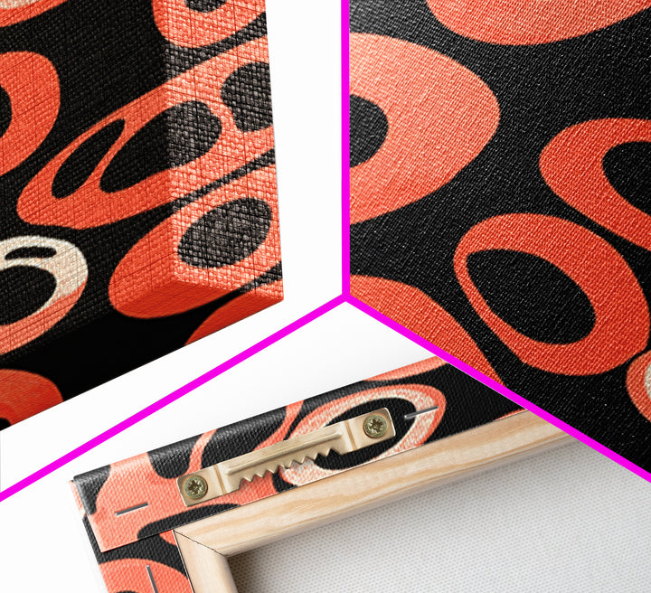 Coral Oval Rings On Black Canvas Print, Bold Retro Abstract Poster, Midcentury Modern Decor, Orange Geometric Wall Art Print