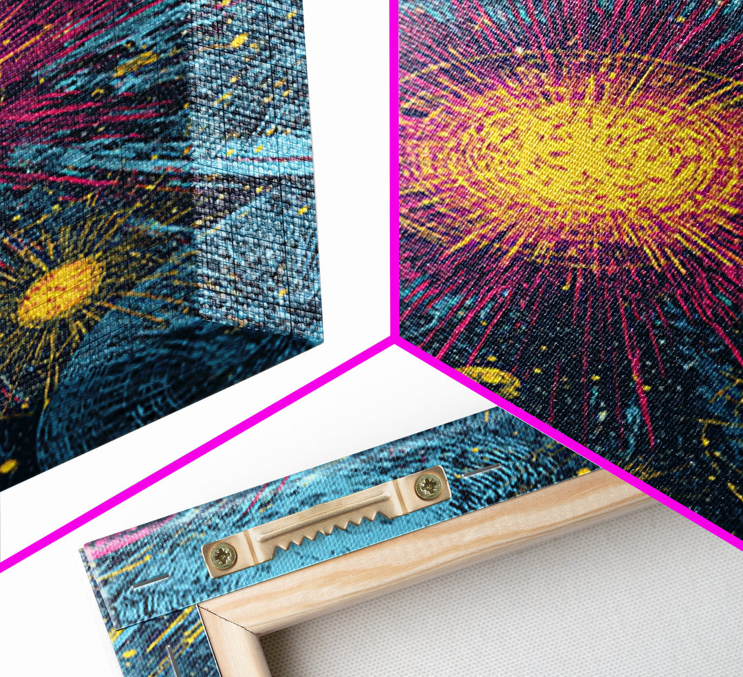 Exploding Stars And Planets Wall Art, Colorful Cosmic Retro Poster, Space Abstract Art, Midcentury Modern Decor Print Gift