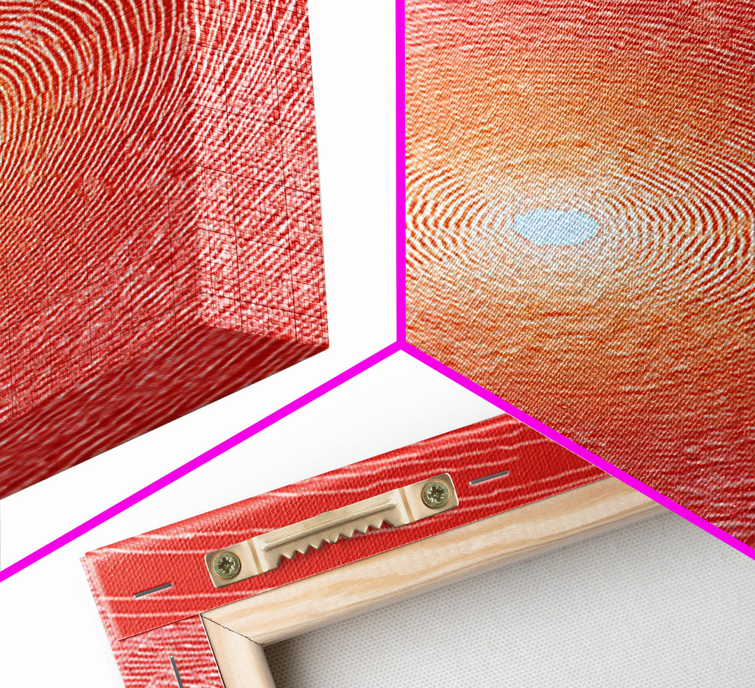 Radiant Red Concentric Sun Framed Canvas Print, Minimalist Wall Art, Modern Abstract Art, Retro Geometric Decor Poster Print