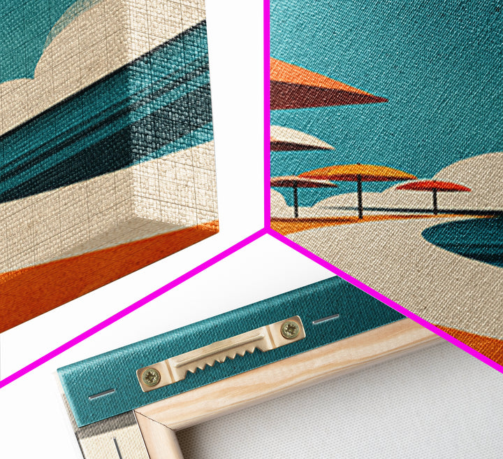 Orange Umbrella Boardwalk Canvas Print, Midcentury Modern Wall Art, Retro Beach Poster, Coastal MCM Home Decor, Palm Springs Style