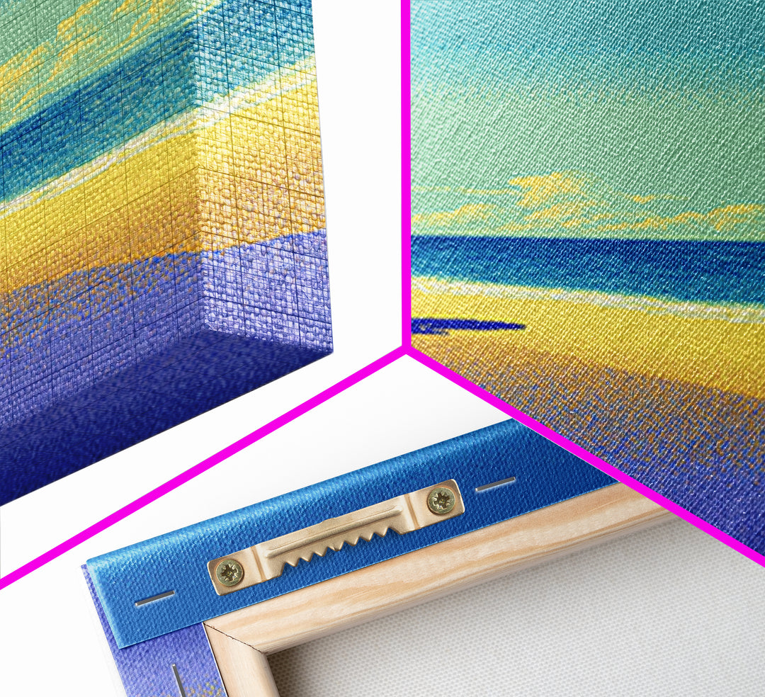Vibrant Pixel Beach Canvas Print, Retro Travel Poster Wall Art, Coastal Modern Decor, Colorful Ocean Living Room Print Gift