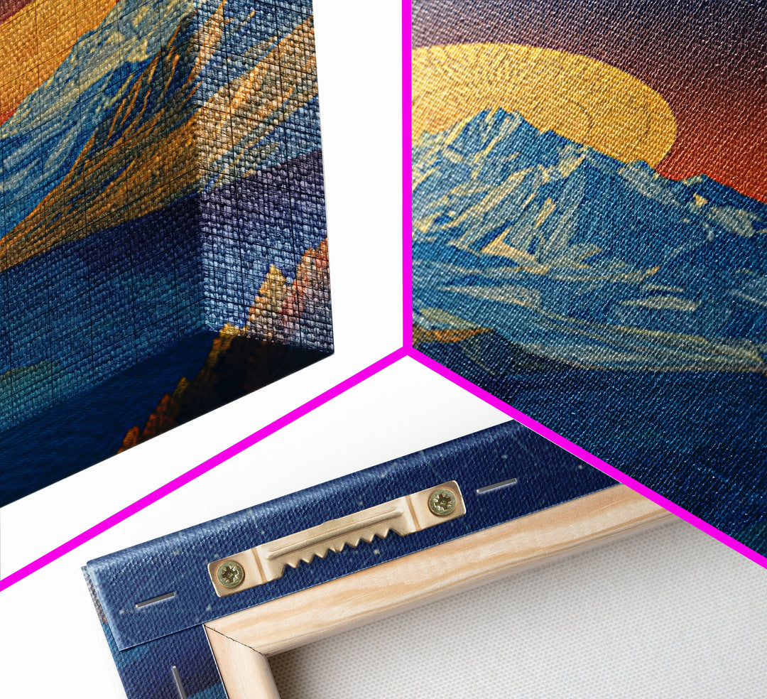 Starry Alpine Lake Framed Canvas Print, Blue Mountain Sunset Wall Art, Midcentury Modern Travel Poster For Cabin Home Decor