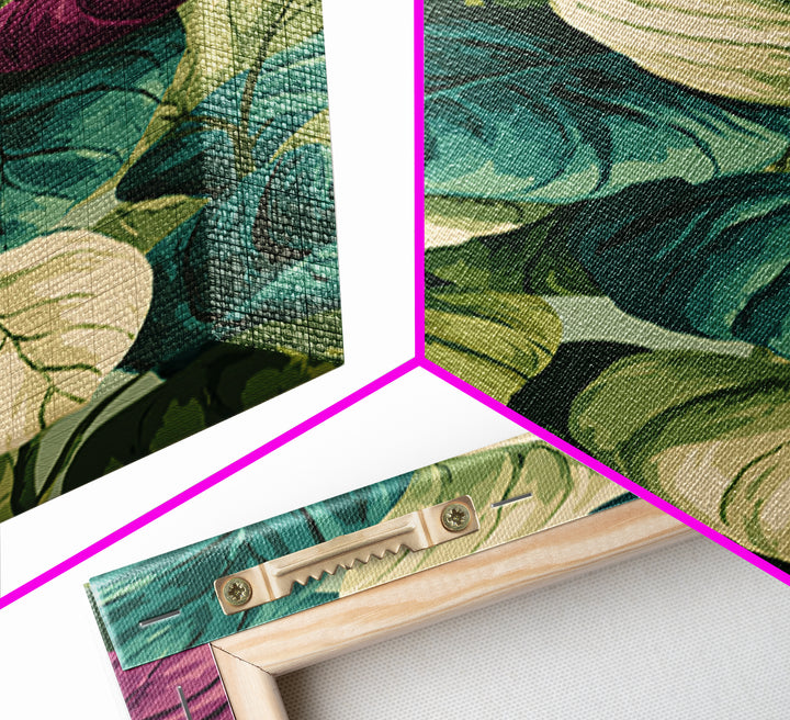 Lush Tropical Calathea Leaves Framed Canvas Print, Botanical Wall Art, Green Purple Nature Decor, Modern Home Art Prints