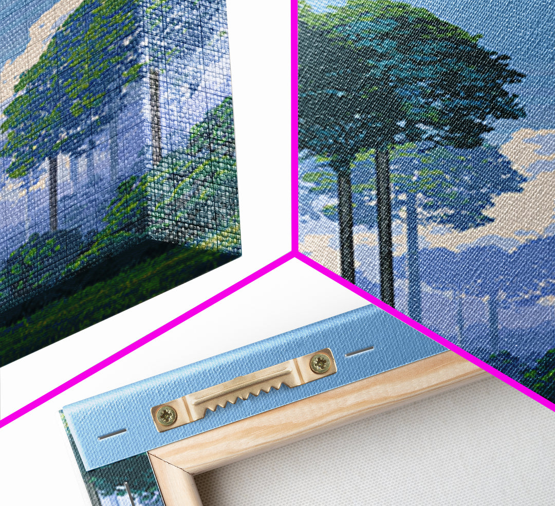 Misty Tall Pine Forest Canvas Print, Blue Sky Landscape Art, Scenic Nature Wall Decor, Modern Office Living Room Art Print
