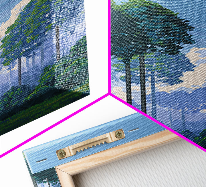 Misty Tall Pine Forest Canvas Print, Blue Sky Landscape Art, Scenic Nature Wall Decor, Modern Office Living Room Art Print