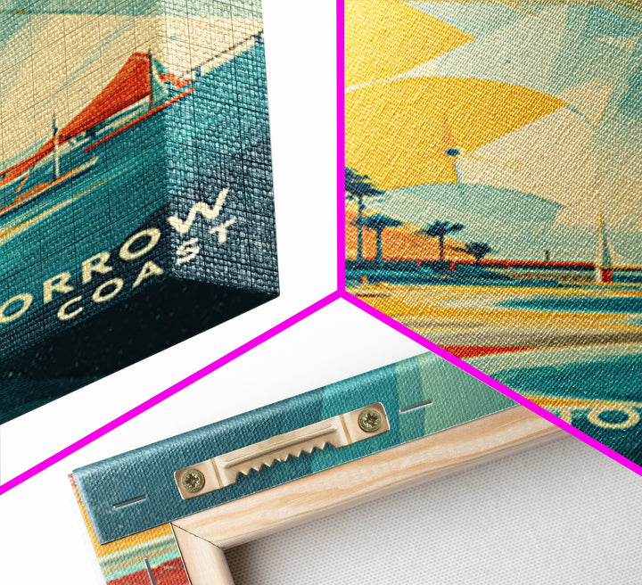 Tomorrow Coast Futuristic Beach Wall Art, Retro Travel Poster, Palm Springs Sailboat Canvas Print, Midcentury Modern Home Decor