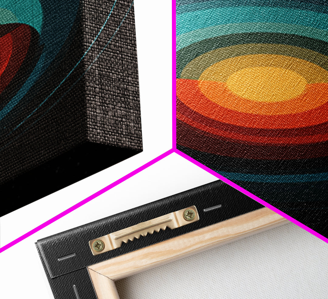 Teal Orange Eclipse Planet Framed Canvas Print, Midcentury Modern Wall Art, Space Abstract Poster, Retro MCM Home Decor Art