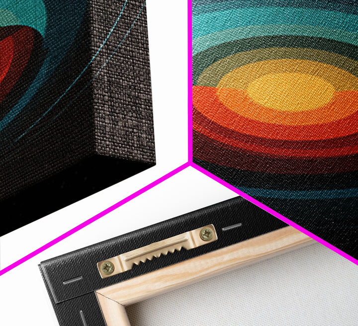 Teal Orange Eclipse Planet Framed Canvas Print, Midcentury Modern Wall Art, Space Abstract Poster, Retro MCM Home Decor Art
