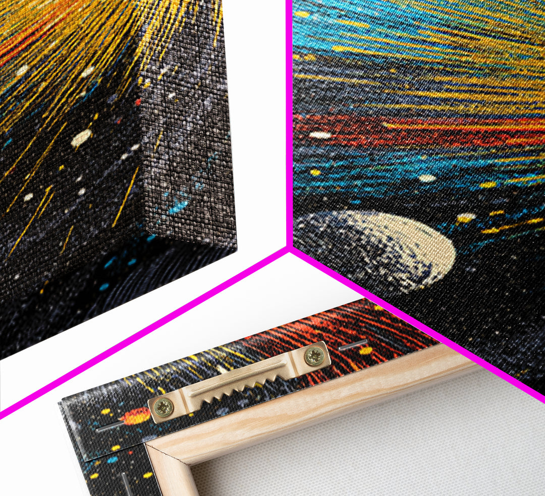 Exploding Solar System With Colorful Planets Framed Canvas Print, Midcentury Modern Wall Art, Retro Space Decor Poster Gift