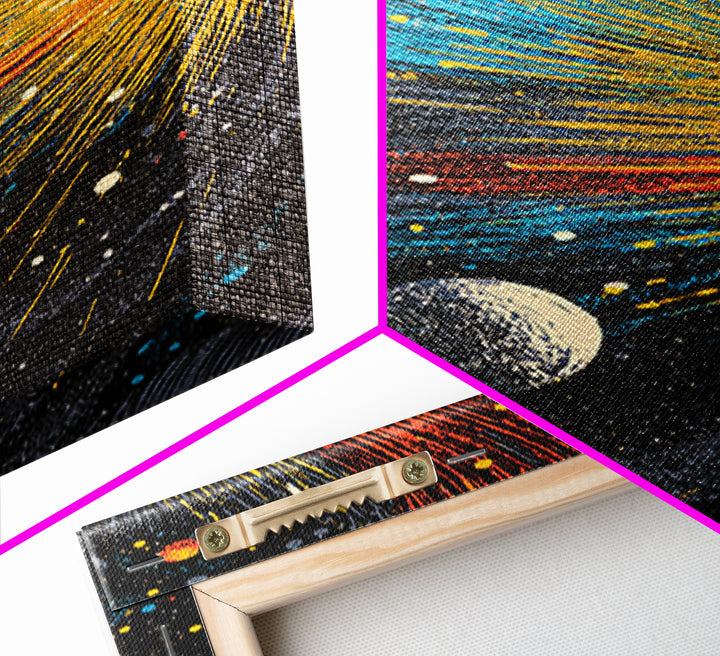 Exploding Solar System With Colorful Planets Framed Canvas Print, Midcentury Modern Wall Art, Retro Space Decor Poster Gift