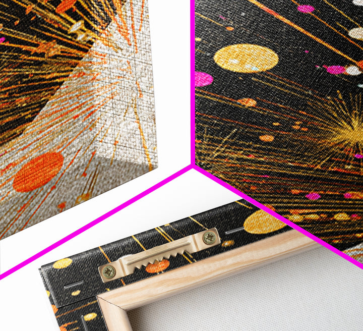Orange Planet Burst On Black Canvas Print, Midcentury Modern Wall Art, Atomic Retro Space Poster, Geometric Office Decor