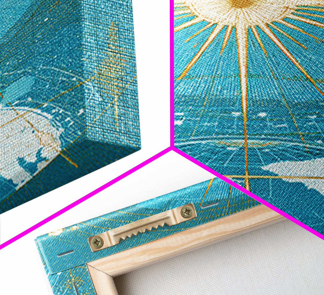 Turquoise Celestial Earth Sunburst Wall Art, Midcentury Modern Space Poster, Atomic Retro Map Print, Blue Office Decor Gift