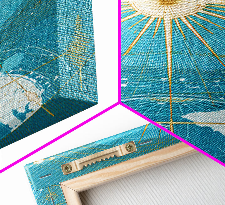 Turquoise Celestial Earth Sunburst Wall Art, Midcentury Modern Space Poster, Atomic Retro Map Print, Blue Office Decor Gift