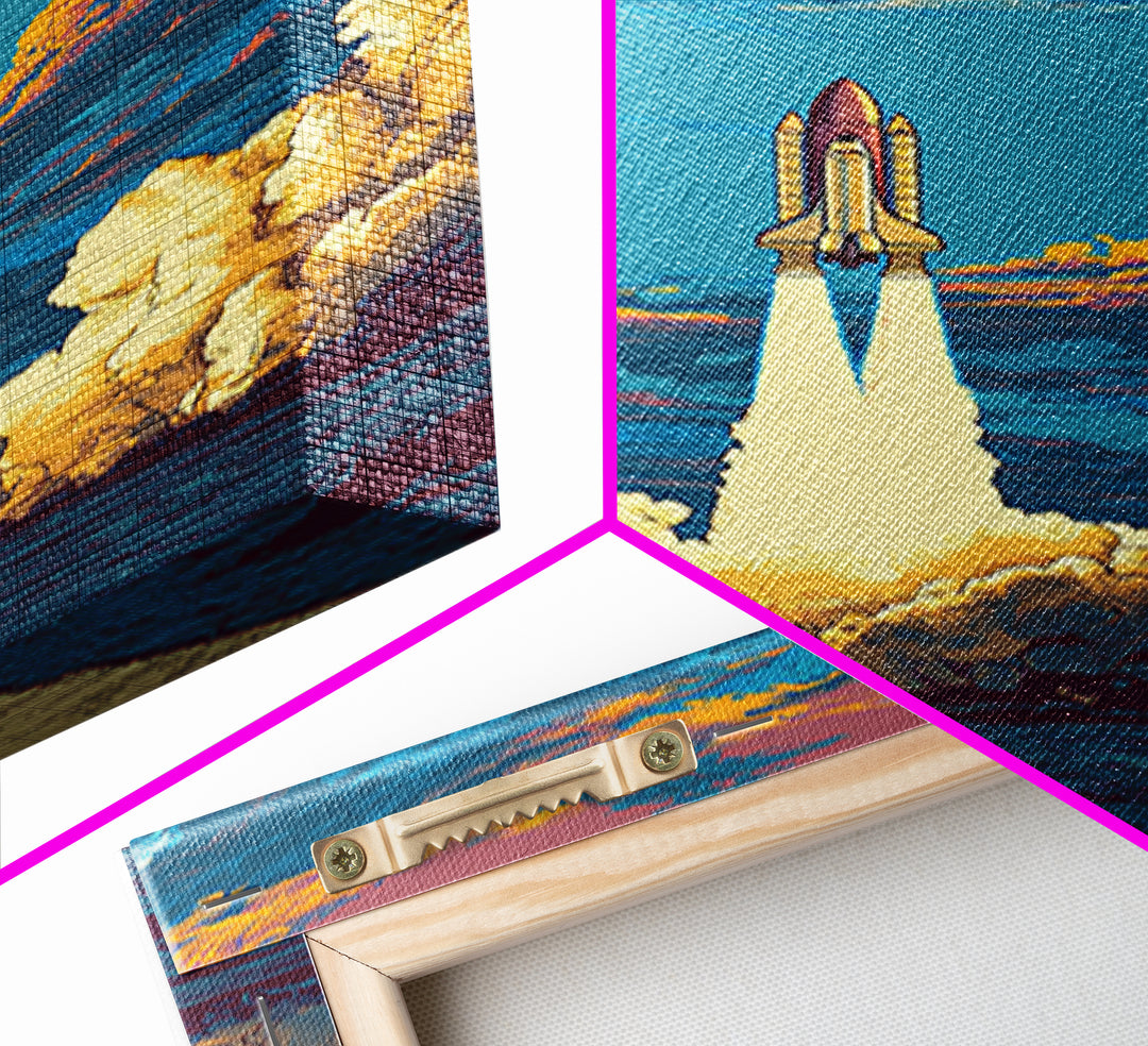Space Shuttle Rising Over Ocean Road Framed Canvas Print, Retro Sci Fi Wall Art, Modern Space Poster, Dramatic Cloud Decor