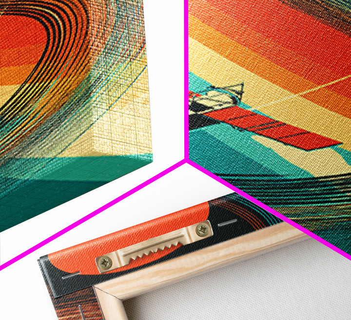 Satellite By Rainbow Planetary Rings, Red Sun Canvas Print, Retro Sci Fi Space Poster, Mid Century Modern Wall Decor Gift