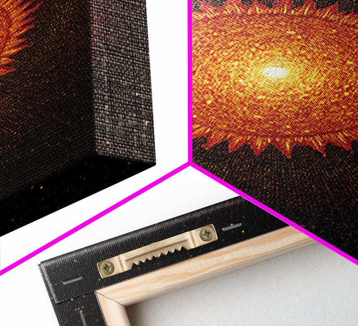 Fiery Abstract Sun Mandala On Black Wall Art, Cosmic Retro Poster, Mid Century Modern Decor, Orange Celestial Print Gift
