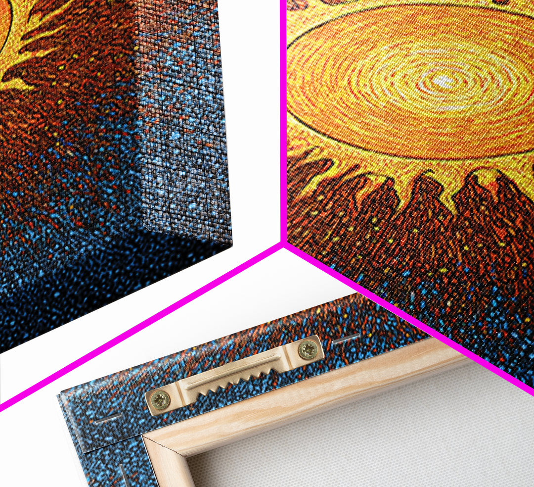 Radiant Orange Sunburst With Blue Texture Canvas Print, Cosmic Wall Art, Mid Century Modern Poster, Groovy Retro Decor Gift
