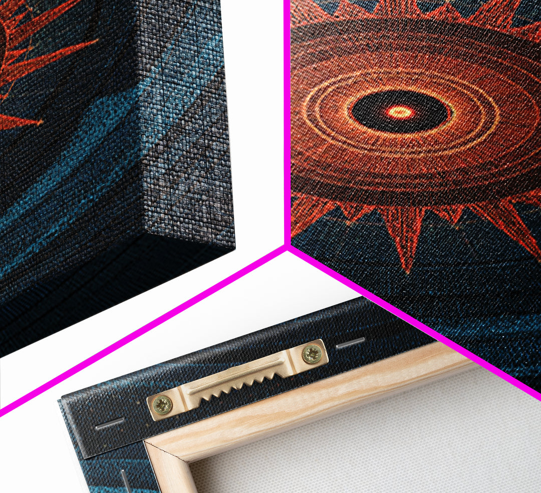 Mystic Solar Eclipse Compass Mandala Wall Art, Retro Sci Fi Poster, Modern Abstract Art Print, Teal Orange MCM Decor Gift