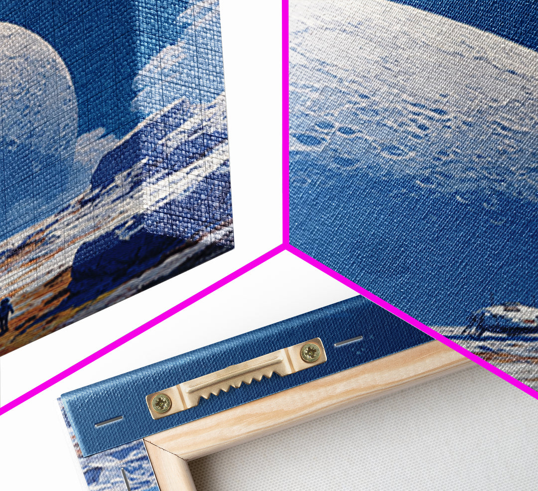 Blue Lunar Base With Astronaut Wall Art, Giant Moon Sci Fi Poster, Modern Space Landscape, Retro Futuristic Room Decor Print