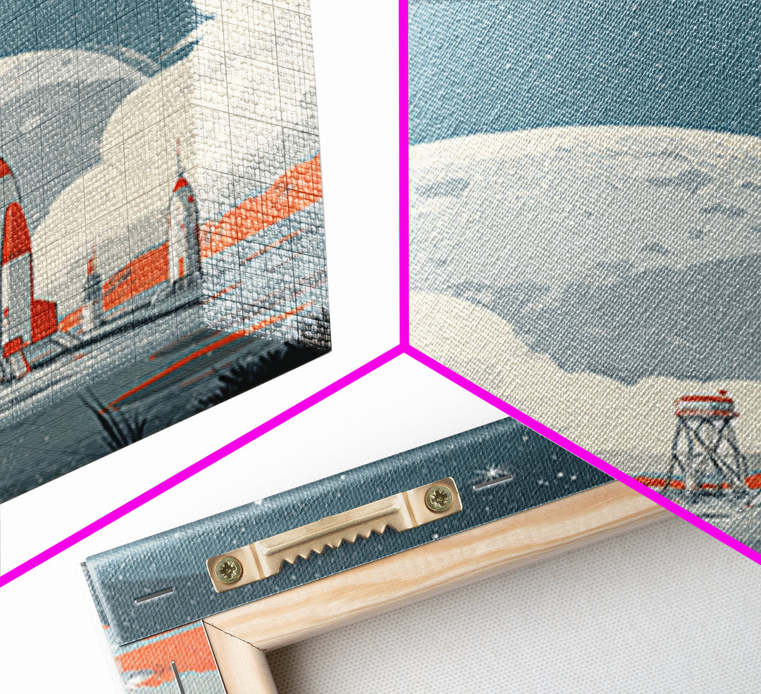 Retro Rocket Spaceport In Clouds Canvas Print, Moon Colony Wall Art Poster, Midcentury Modern Sci Fi Nursery Room Decor Print