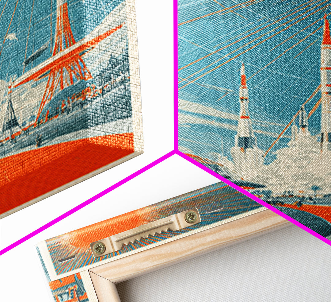 Retro Futuristic Rocket City Wall Art, Orange Sun Spaceport Poster, Midcentury Modern Sci Fi Decor, Atomic Ranch Print Gift