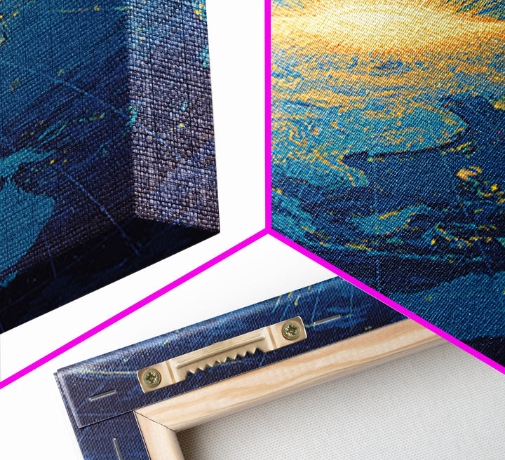 Golden Sunrise Over Earth Canvas Print, Midcentury Modern Map Art, Blue Space Poster, Retro Travel Office Wall Decor Gift