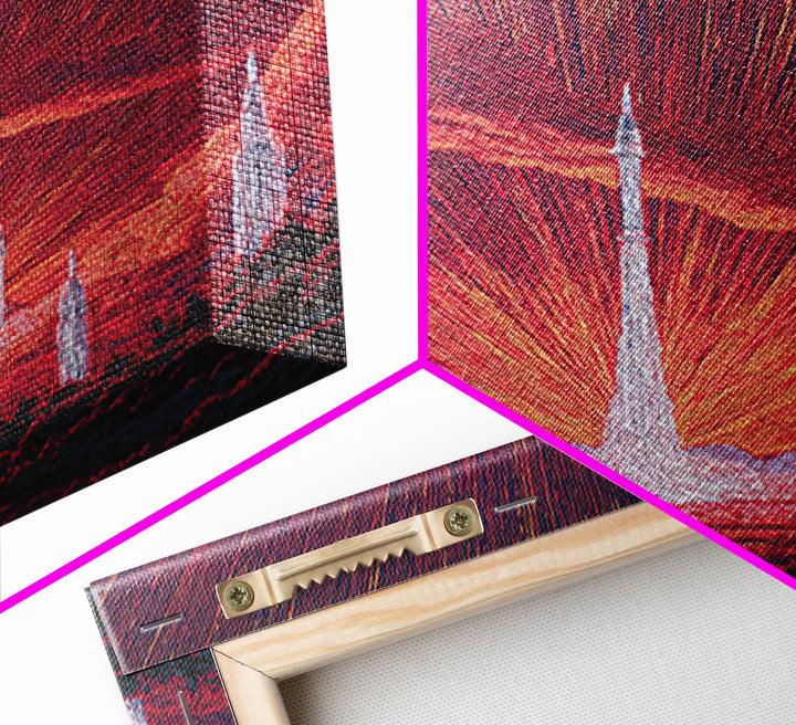 Fiery Red Rocket City At Sunrise Wall Art, Mid Century Modern Sci Fi Poster, Atomic Space Landscape, Retro MCM Decor Print