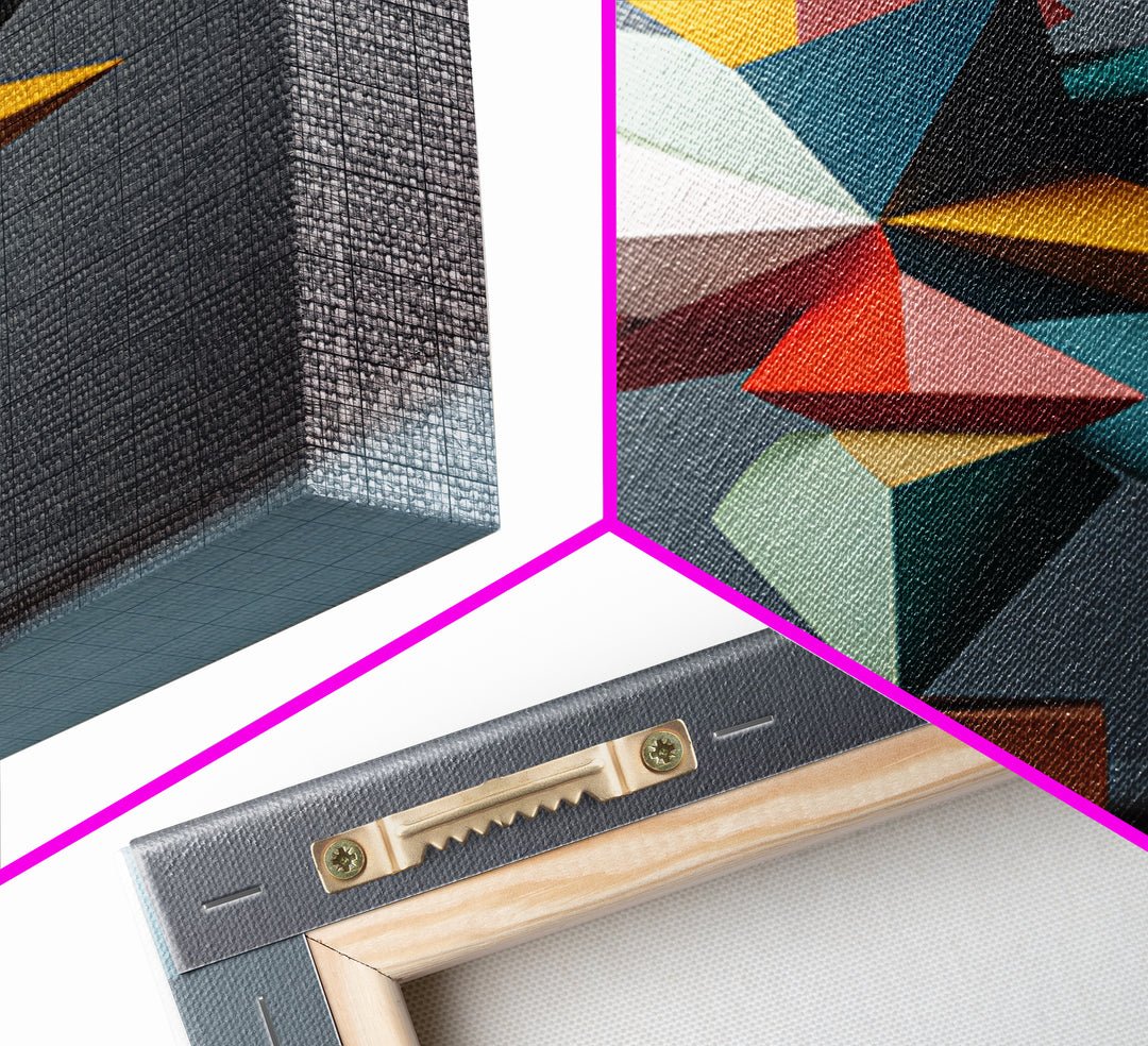 Colorful Geometric Modern Sculpture Framed Canvas Print, Mid Century Modern Abstract Art, MCM Office Decor Statement Gift