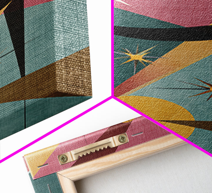 Pink Teal Atomic Starburst Abstract Wall Art, Mid Century Modern Poster, Retro Geometric MCM Living Room Decor Print Gift