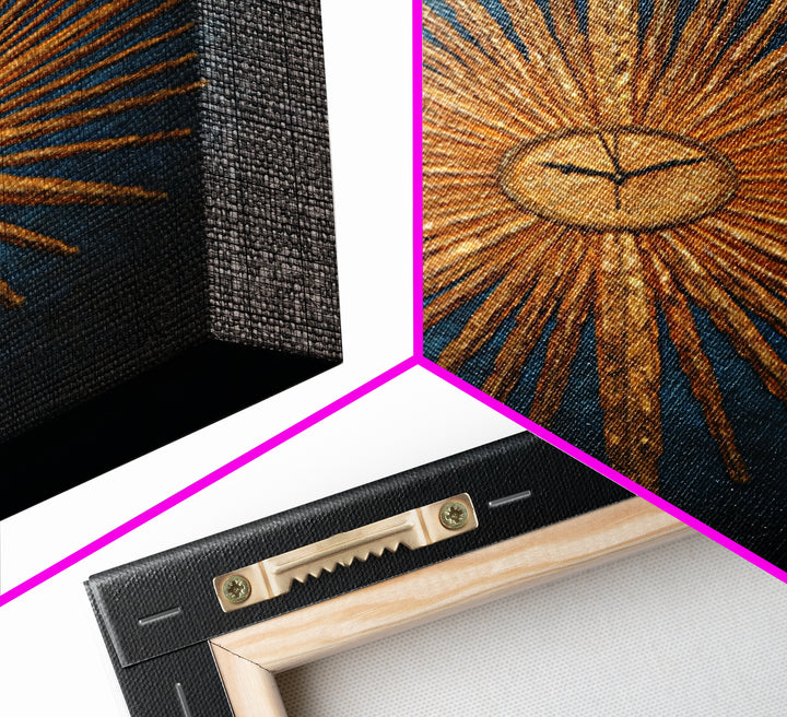 Golden Sunburst Clock On Moody Blue Wall Art, Mid Century Modern Decor, MCM Wall Decor, Atomic Retro Art Print, Home Decor