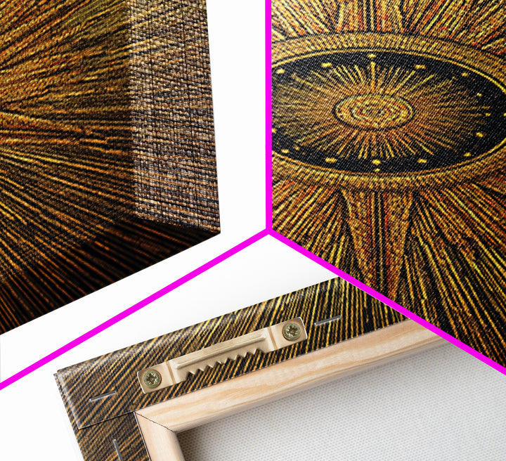 Ornate Gold Sunburst Clock Canvas Print, Midcentury Modern Art, Geometric Art Deco, Atomic Retro Wall Art, Statement Wall Decor