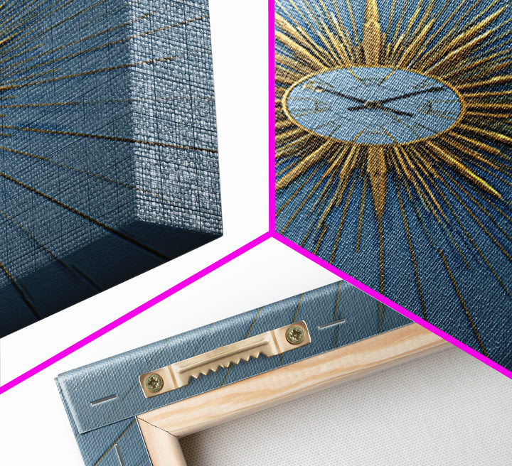Blue And Gold Starburst Clock Framed Canvas Print, Mid Century Modern Decor, Atomic Wall Art, MCM Artwork, Large Canvas Print