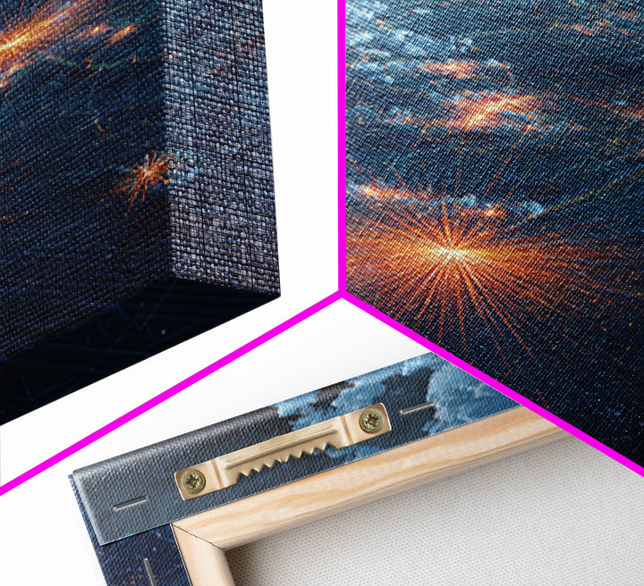 Stormy Earth Lights From Orbit Wall Art, Modern Abstract Space Print, Sci Fi City Map Poster, Blue Office Living Room Decor Gift