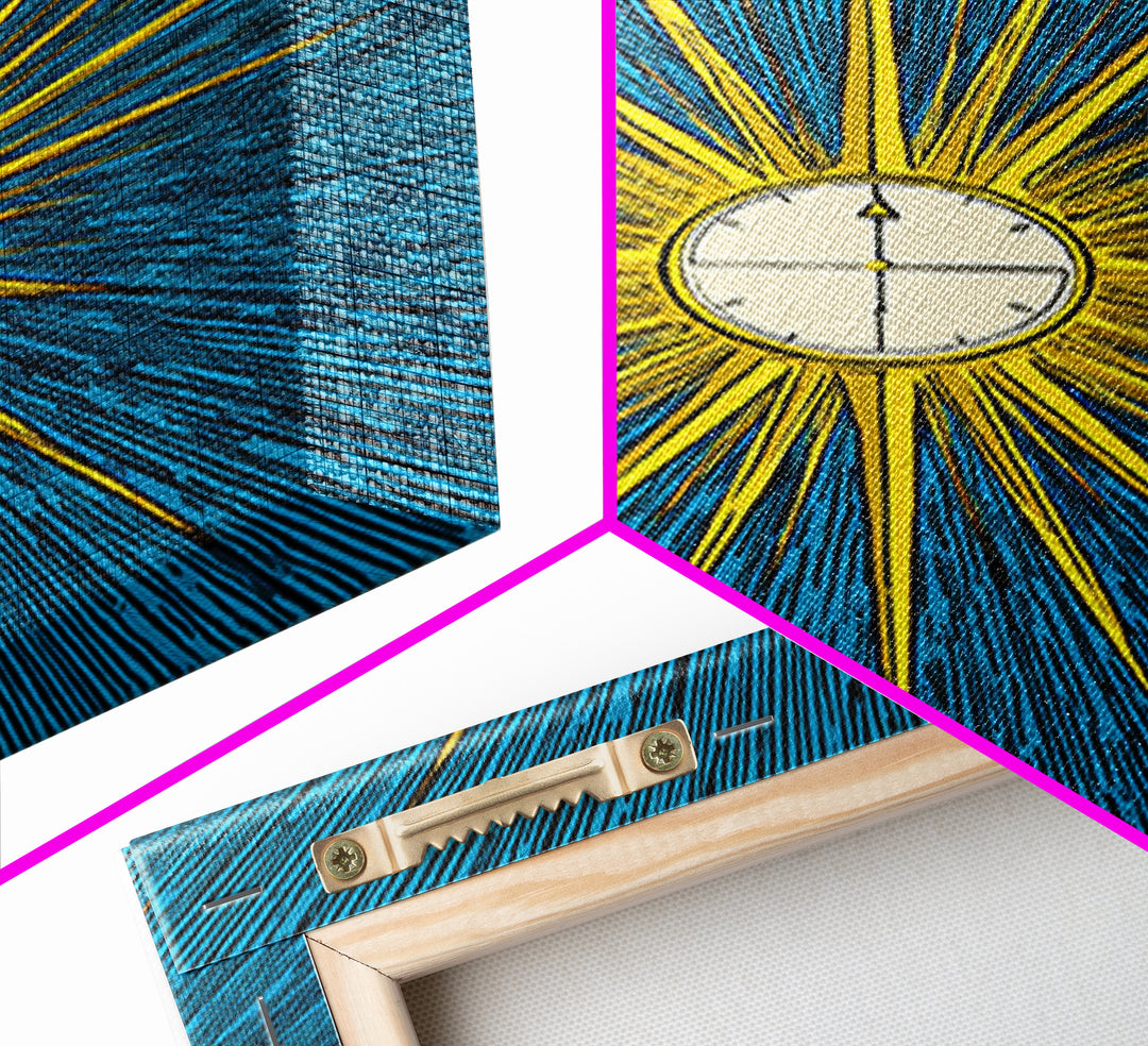 Radiant Atomic Clock Sunburst Wall Art, Midcentury Modern Art Print, Retro Sci Fi Poster, Blue Yellow MCM Decor For Office