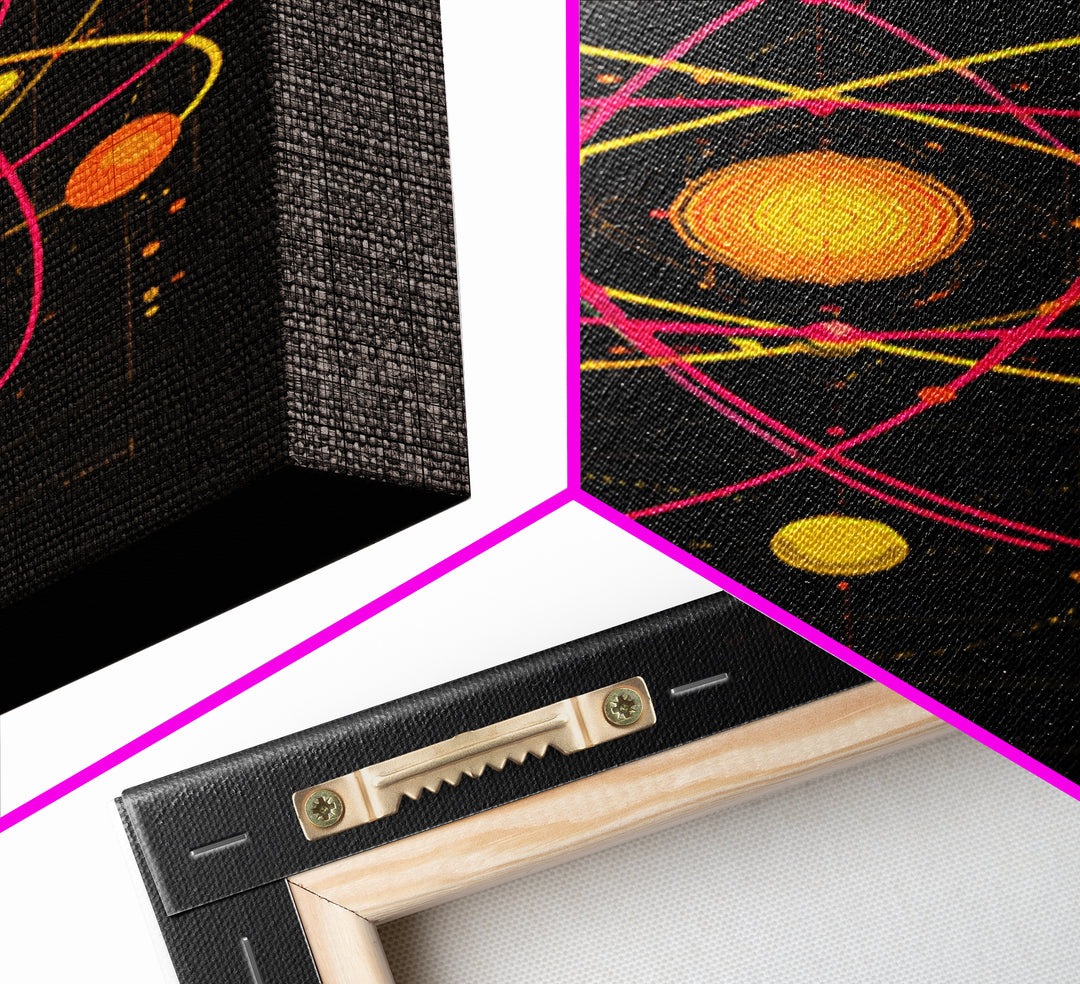 Technical Atom Diagram Canvas Print, Midcentury Modern Art, Retro Science Wall Decor, Black Pink Atomic Poster For Office