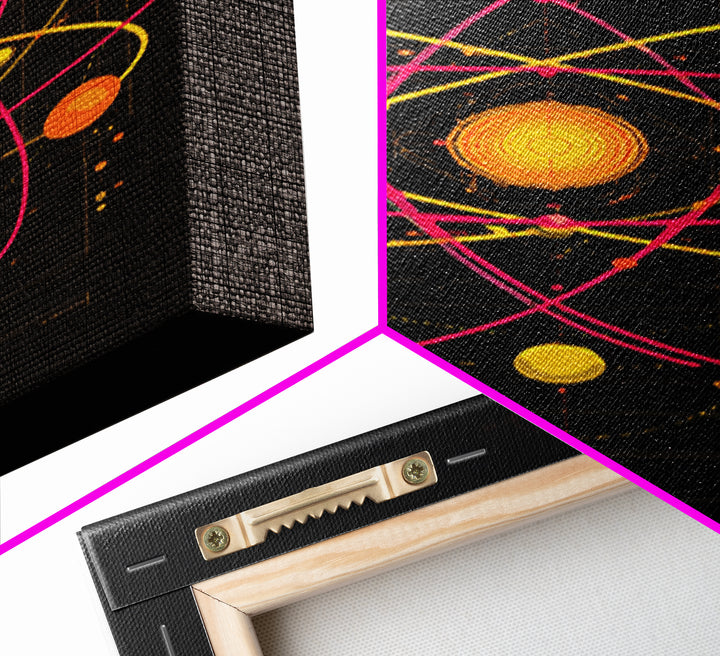 Technical Atom Diagram Canvas Print, Midcentury Modern Art, Retro Science Wall Decor, Black Pink Atomic Poster For Office